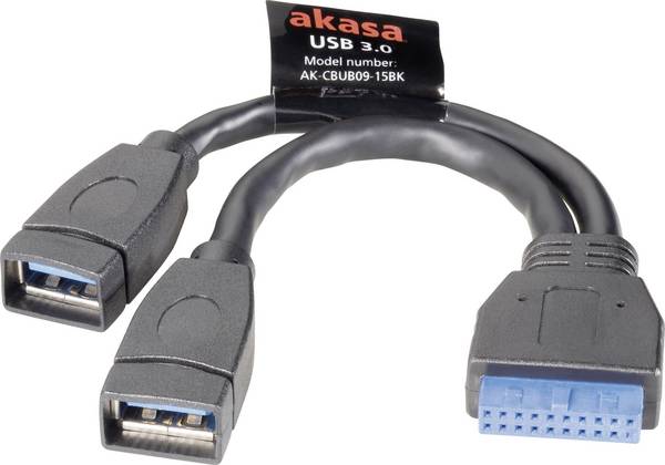 Akasa USB kabel USB 3.2 Gen1 plochý konektor 19pol., USB-A zásuvka 0.15 m černá pozlacené kontakty, UL certifikace AK-CBUB09-15BK