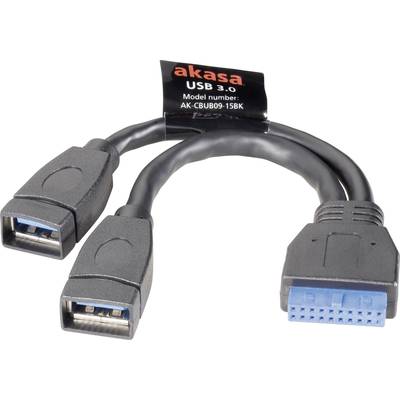 USB 3.0 kabelový adaptér od společnosti Akasa se dvěma USB porty a modrým konektorem. Číslo modelu: AK-CBUB09-15BK.
