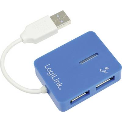 Modrý USB hub se čtyřmi porty. Zařízení má krátký bílý kabel a je označeno nápisem 'LogiLink'.