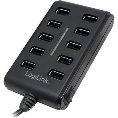 Černý USB hub s 10 USB porty, vhodný pro současné připojení několika zařízení. Název značky je viditelný.