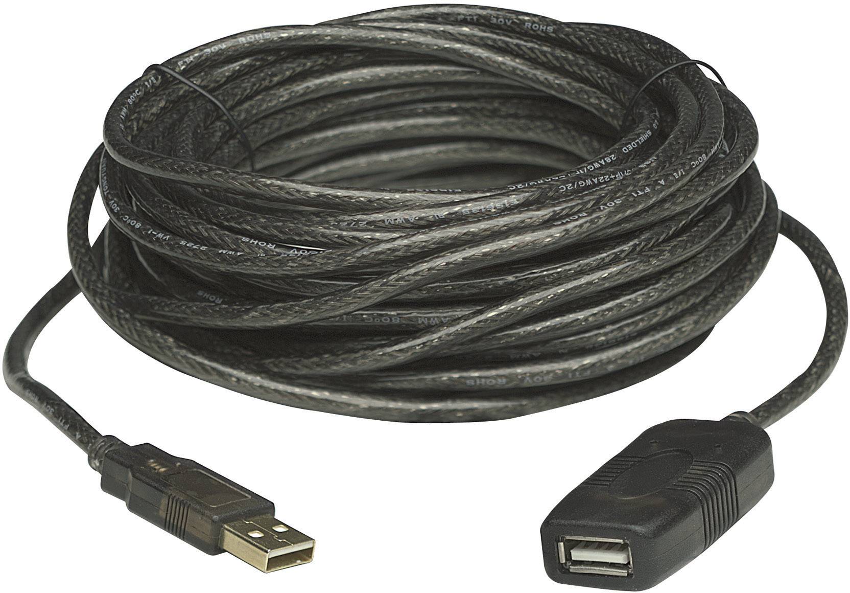 Dlouhý černý prodlužovací USB kabel s USB-A zástrčkou a USB-A zásuvkou, vhodný pro rozšířené připojení.