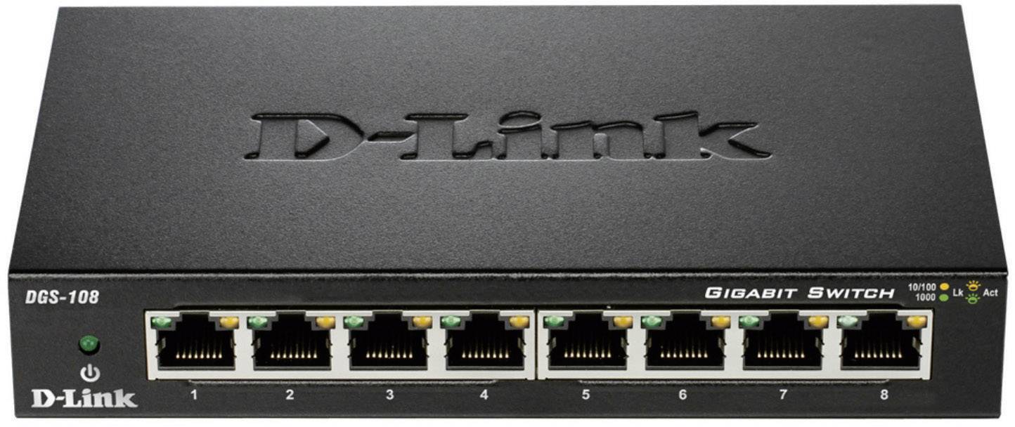 Černý gigabitový switch D-Link, model DGS-108, s osmi ethernetovými porty v řadě, zelená LED dioda vlevo.