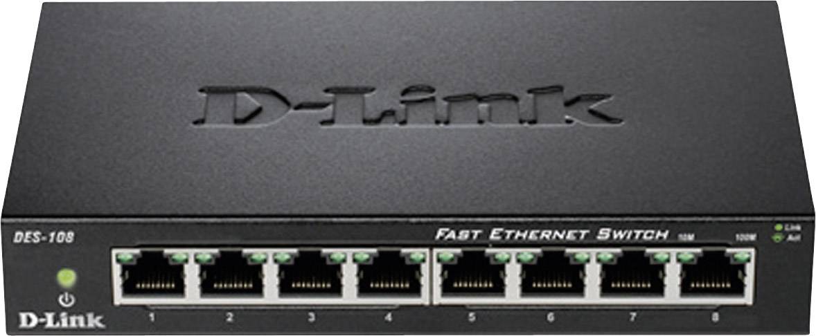 Černý síťový switch D-Link Fast Ethernet s osmi ethernetovými porty a LED indikátory pro napájení a připojení.