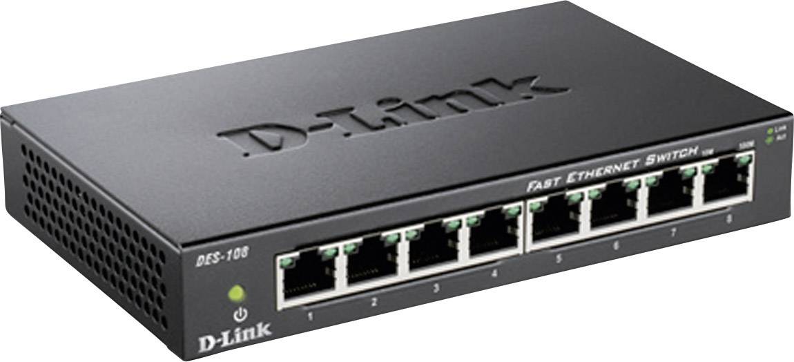 Černý síťový switch D-Link Fast Ethernet s osmi síťovými porty na přední straně, modelové číslo 'DGS-108'.