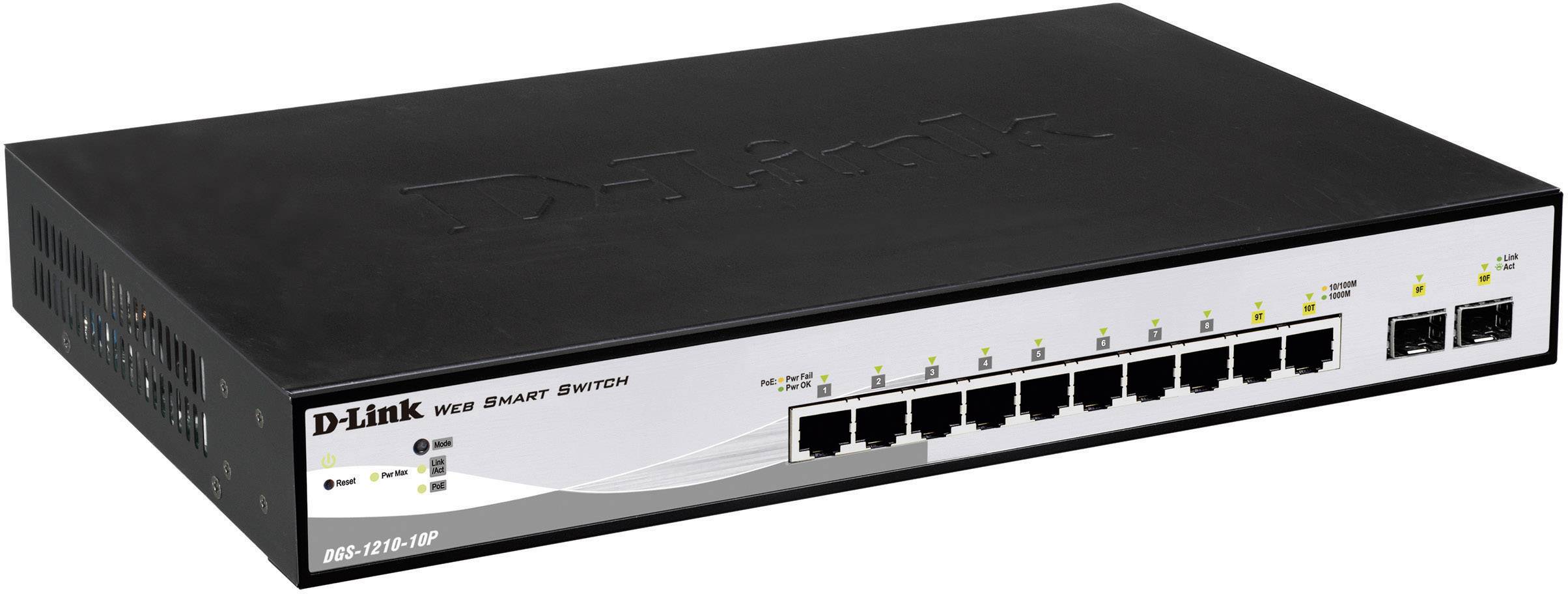 Síťový switch D-Link Web Smart, model DGS-1210-10P, s deseti ethernetovými porty a dvěma SFP porty, vhodný pro síťové konfigurace.