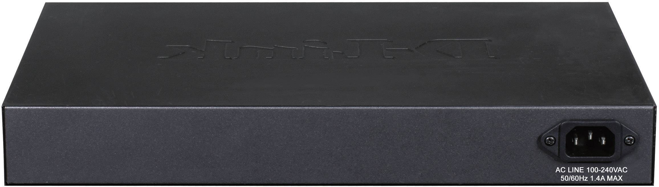 Černé síťové zařízení s napájecím konektorem na pravé straně. Je navrženo pro napětí AC 100-240V, frekvenci 50/60Hz a proud 1,4A.
