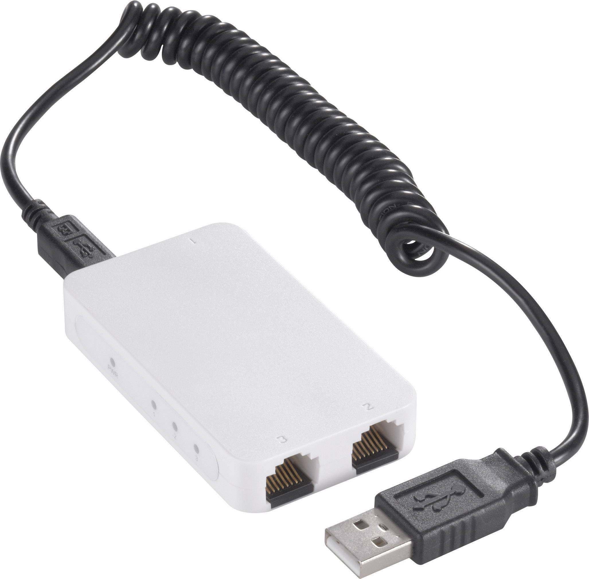 USB adaptér se dvěma ethernetovými porty a spirálovým vedením.