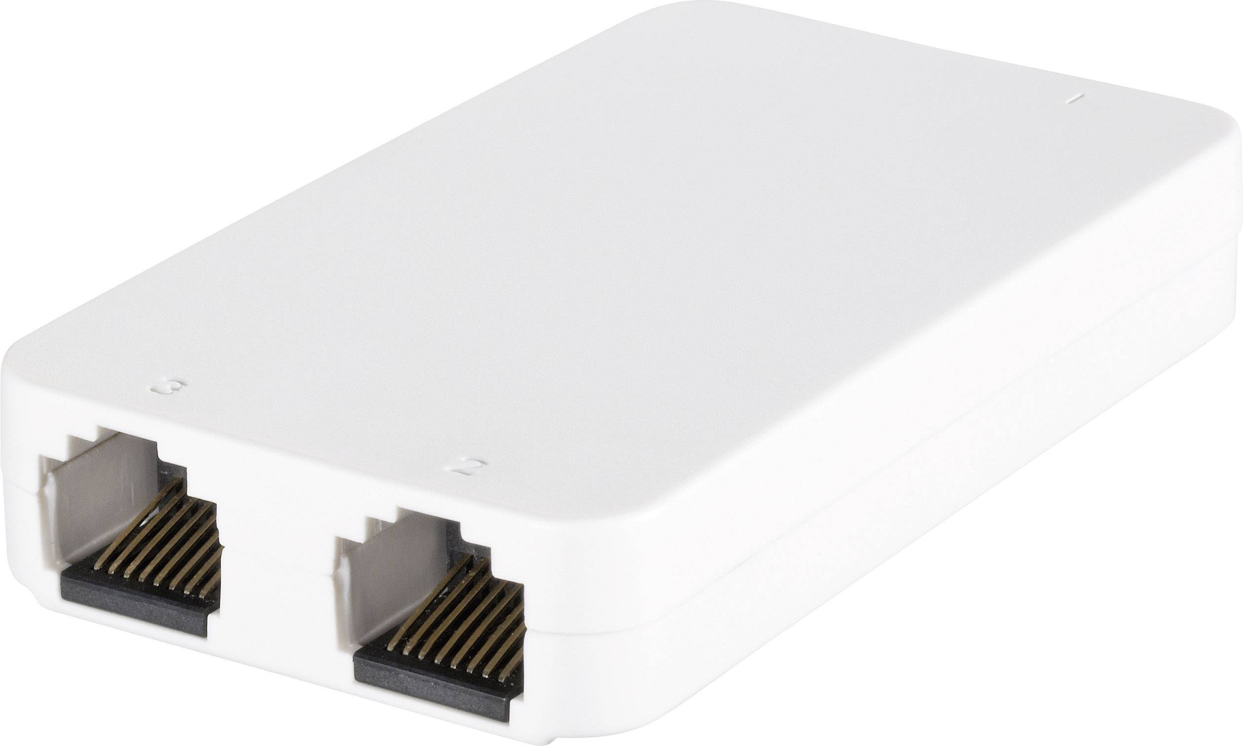 Malé, obdélníkové, bílé zařízení se dvěma ethernetovými porty, které se používá pro síťové připojení.