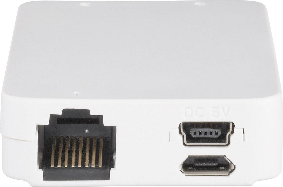 Bílé zařízení s ethernetovým portem vlevo a dvěma USB porty vpravo pro napájení a datové připojení.