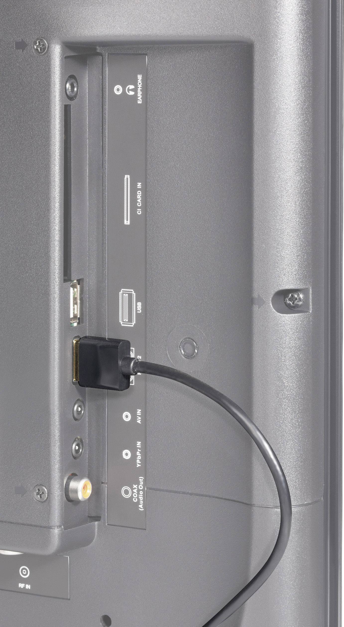 Zadní strana televizoru s několika konektory, včetně HDMI, USB a slotu pro CI kartu. HDMI kabel je připojen.