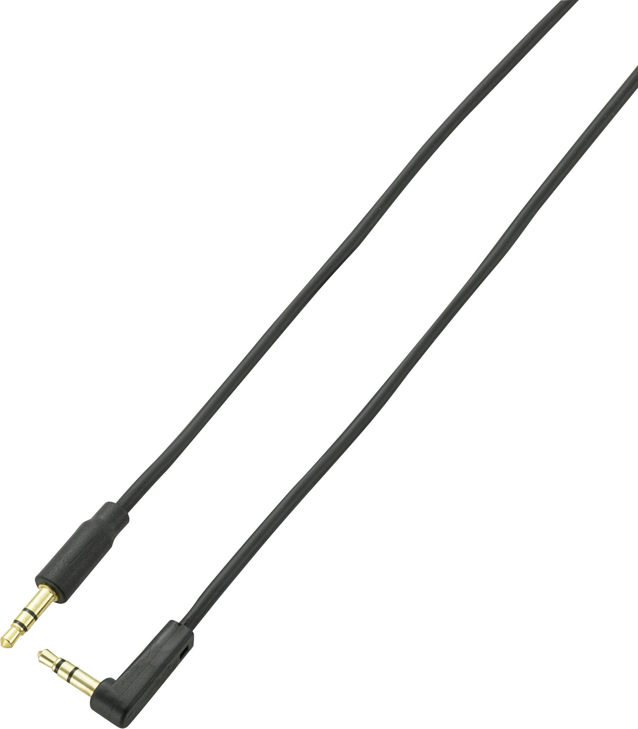 Černý audiokabel se dvěma 3,5mm jack konektory, jeden přímý a jeden lomený.