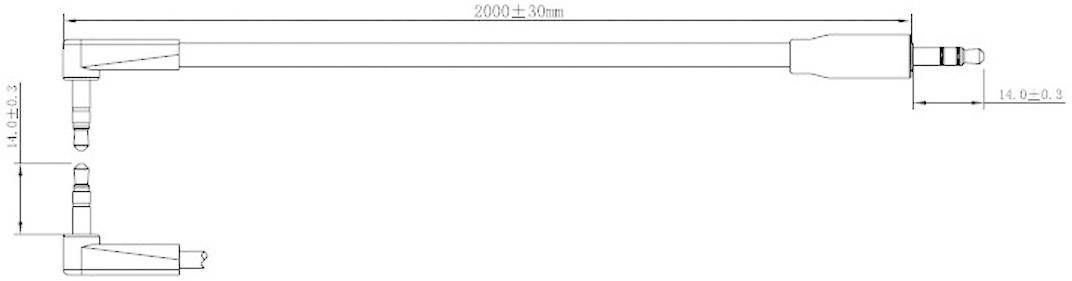 Technický výkres kabelu dlouhého 2000±30 mm se dvěma 3,5mm jack konektory.