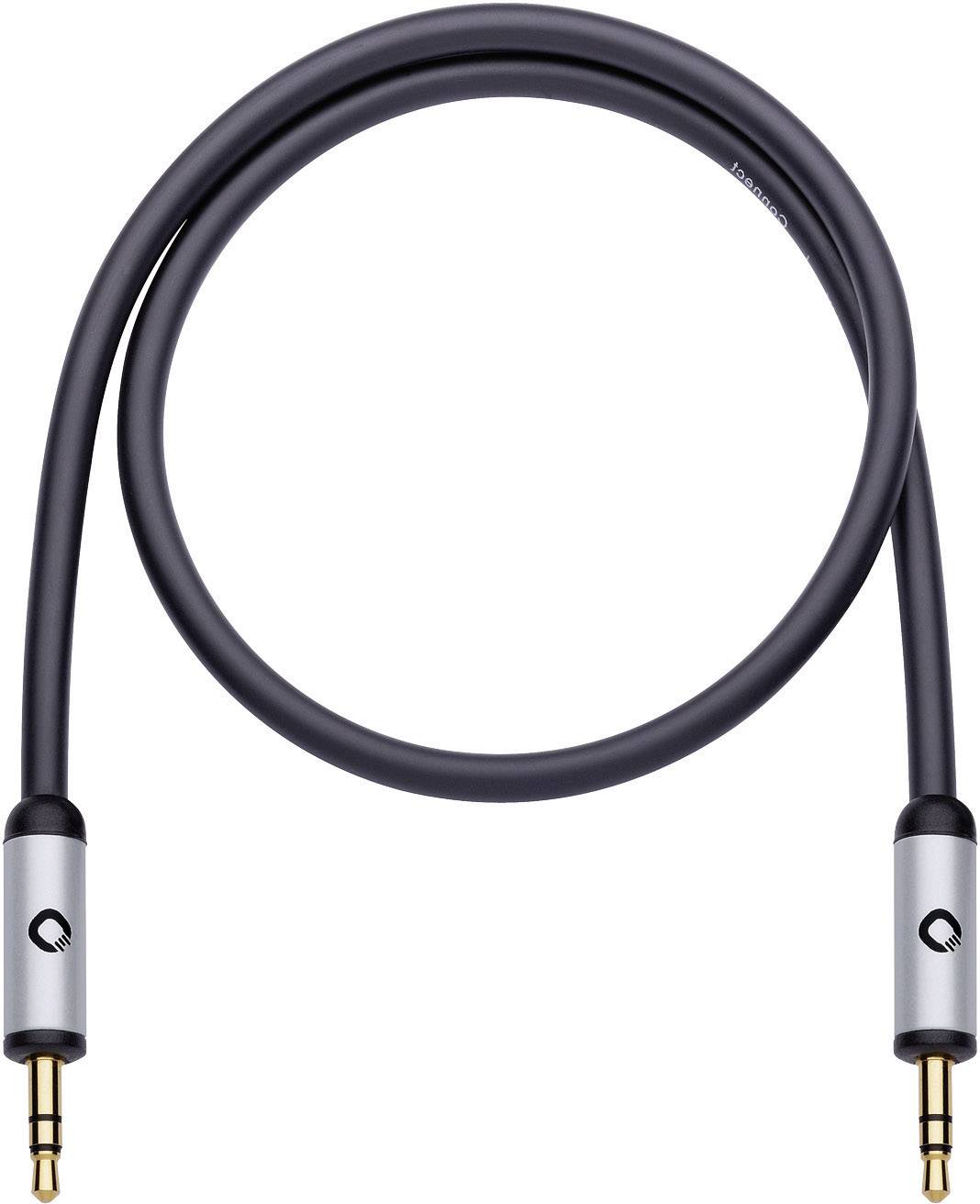 Černý audiokabel se dvěma zlatými konektory na koncích, vhodný pro připojení audiokomponentů.