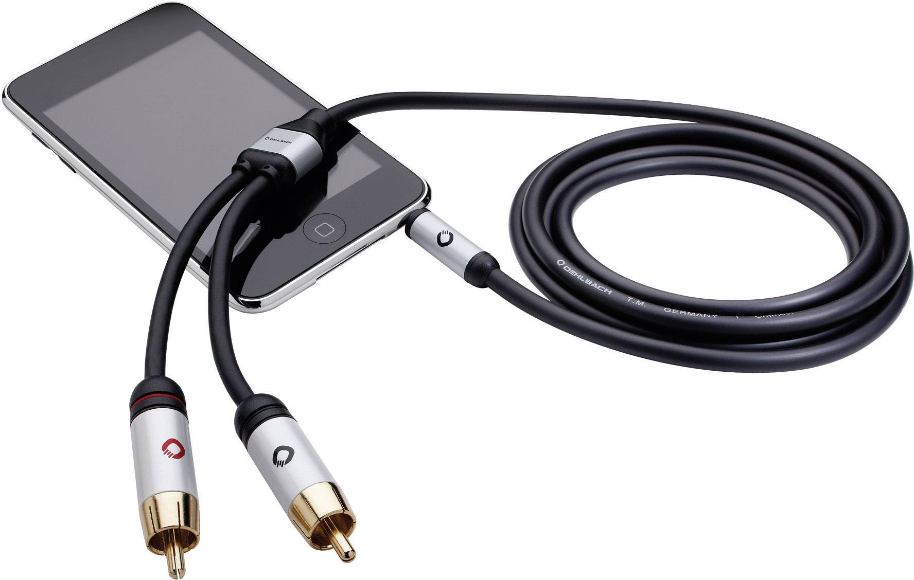 Smartphone s připojeným audio kabelem, který ústí do dvou cinch konektorů, zobrazuje propojení mezi digitálním zařízením a audiosystémem.