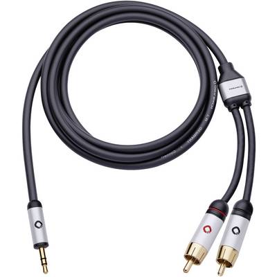 Dvoukanálový audio kabel s 3,5mm jackem a dvěma cinch konektory, vhodný pro připojení audio zařízení, černý se zlatými kontakty.