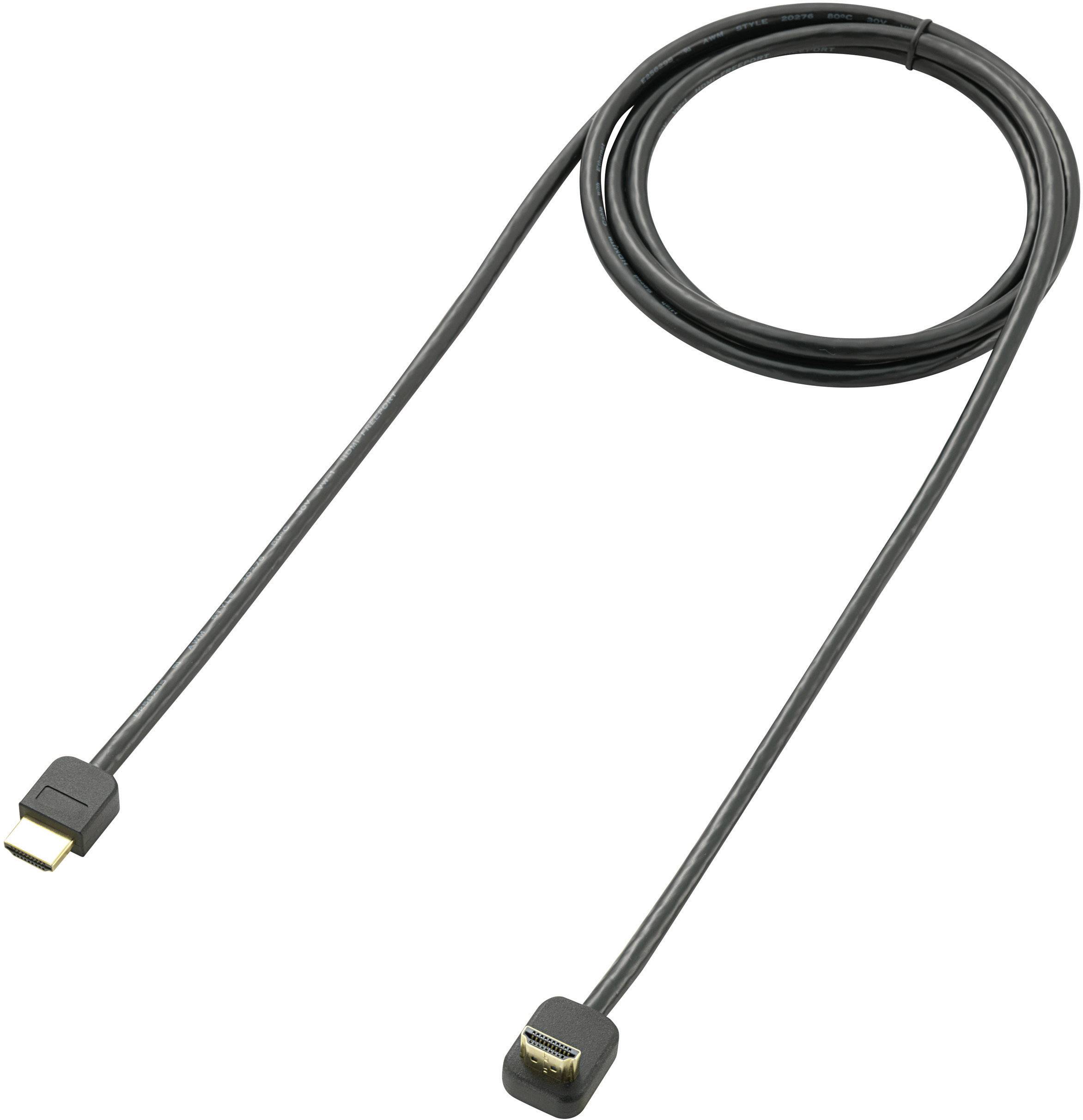 Černý HDMI kabel, který je svinutý, s konektorem na každém konci.