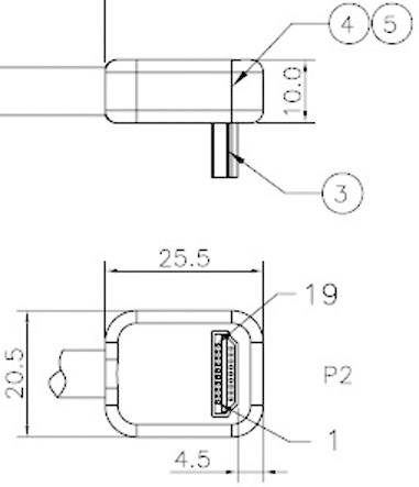 Technický výkres konektoru s rozměry: délka 25,5 mm, šířka 20,5 mm. Obsahuje detailní pohledy a popisy součástí.