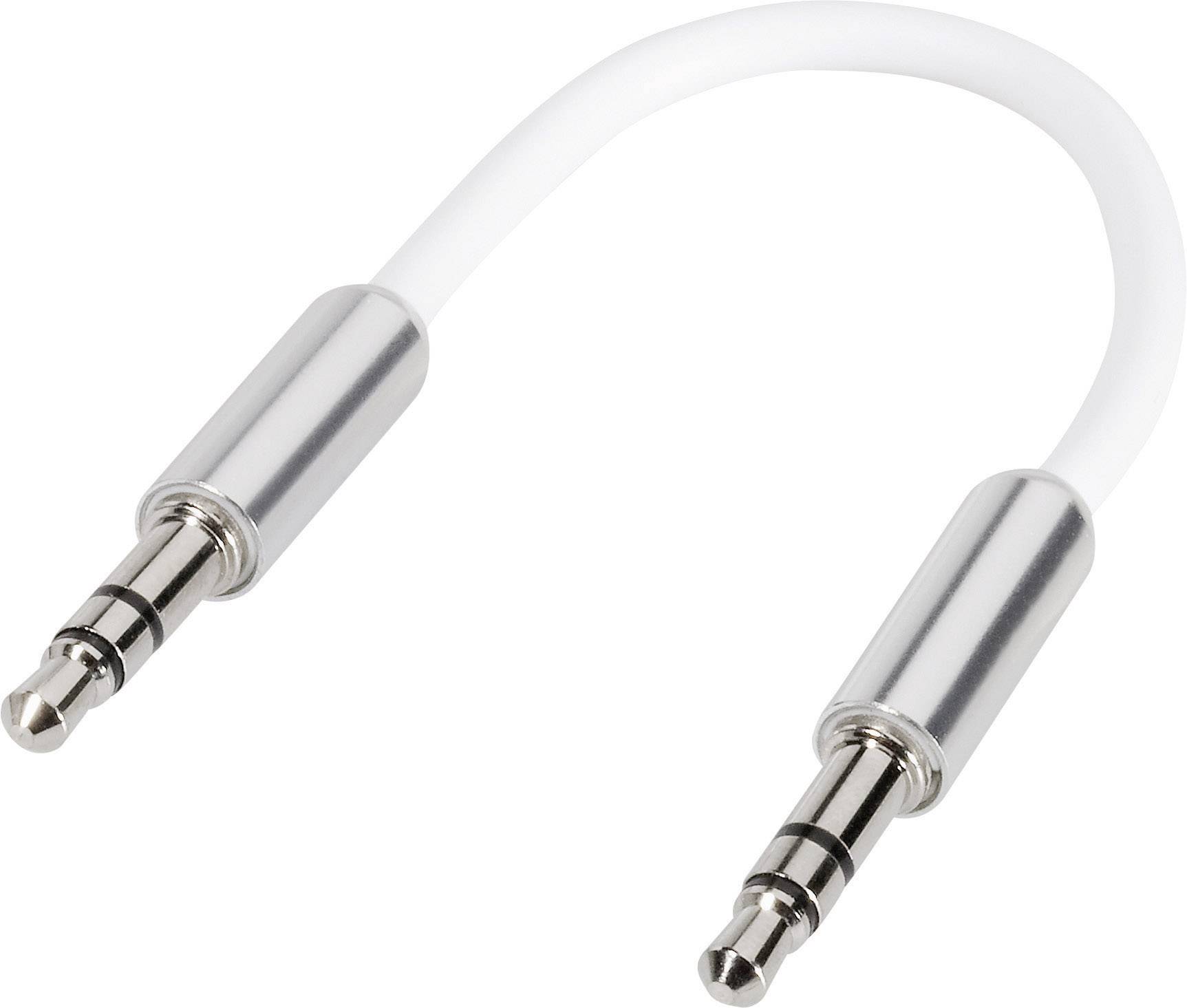 Krátký bílý audiokabel se dvěma stříbrnými 3,5mm jacky na obou koncích.