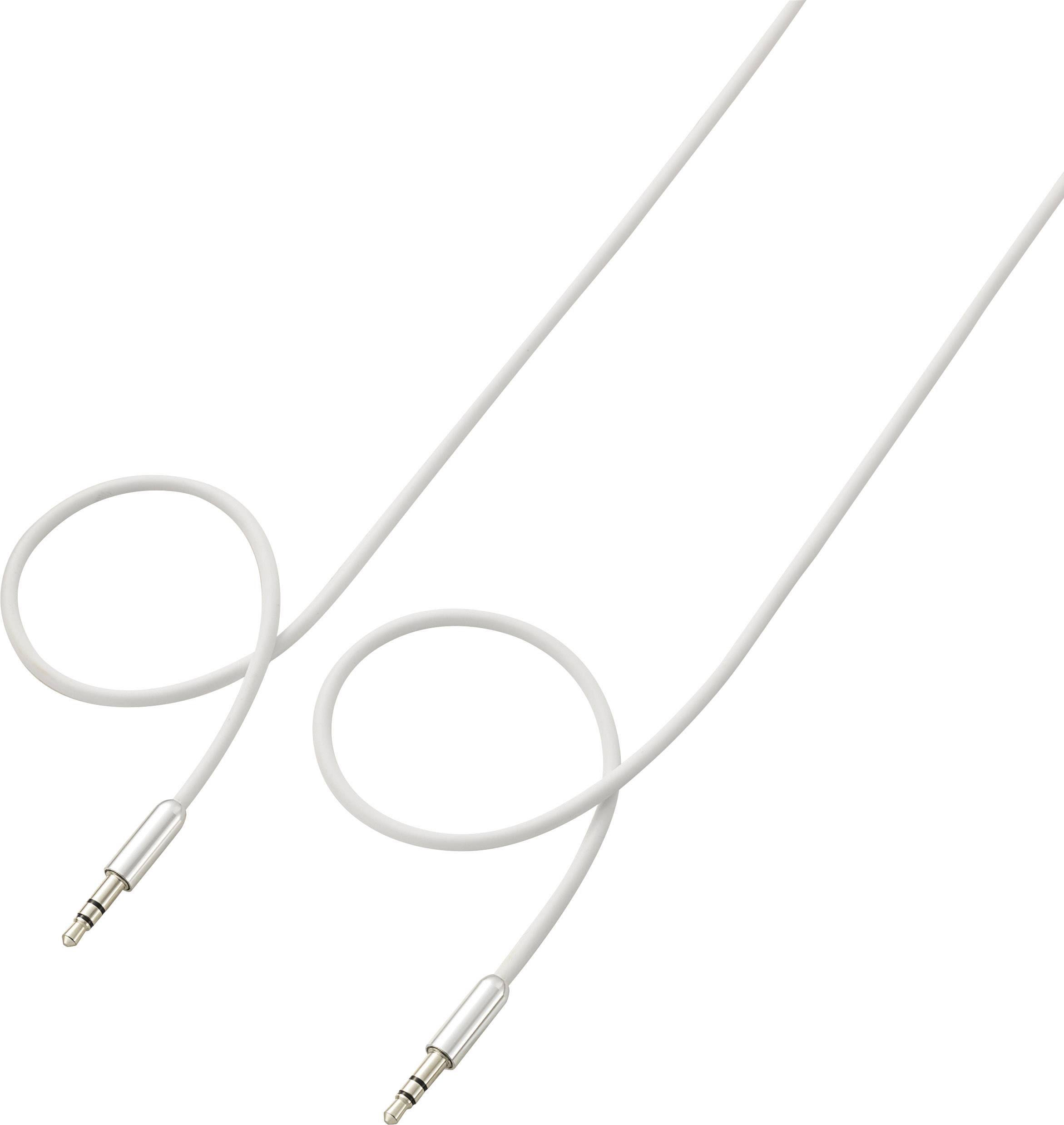Bílý audio kabel se dvěma 3,5mm stereo konektory na obou koncích na bílém pozadí.