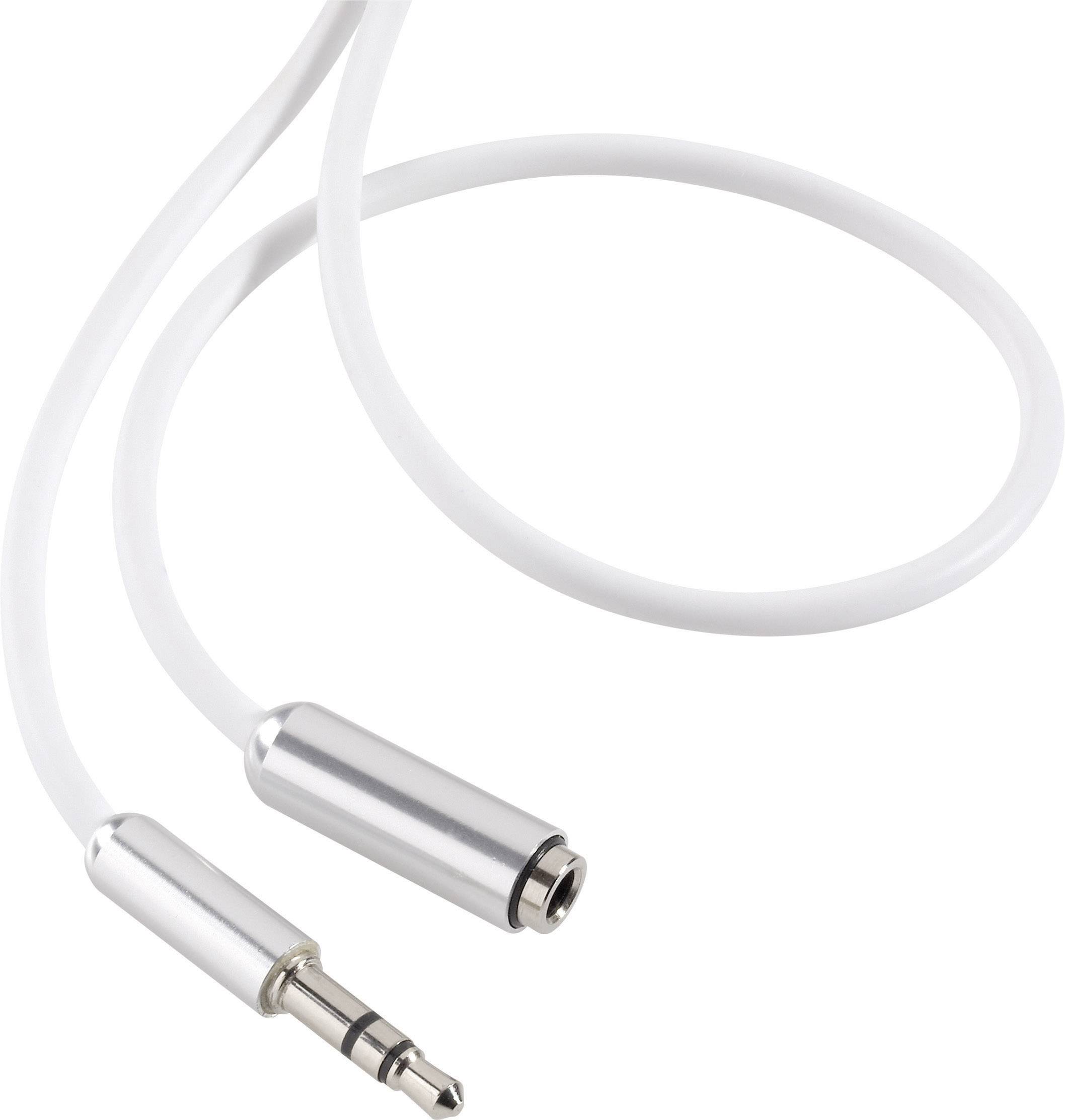 Bílý audiokabel se stříbrnými konektory vlevo a zdířkou vpravo.