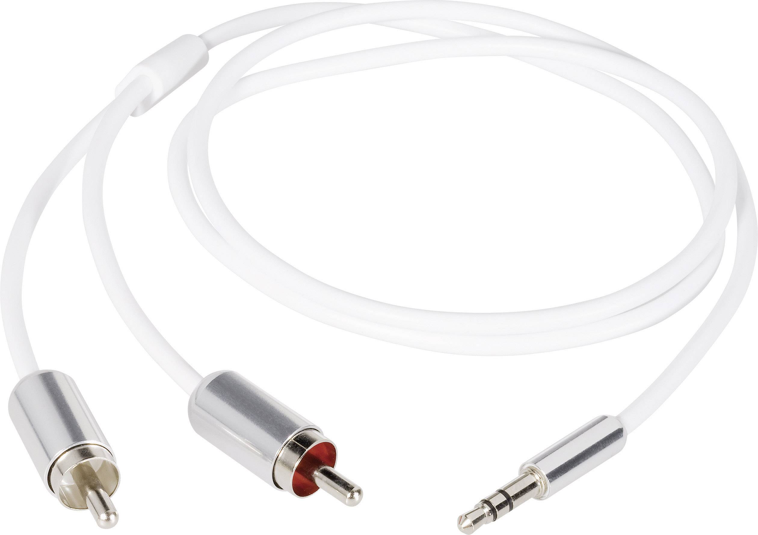 Bílý audiokabel s RCA konektorem a 3,5mm jack konektorem. Ideální pro propojení audiovýstupů s různými zařízeními.