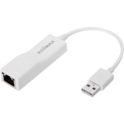 Bílý USB na Ethernet adaptér s USB konektorem na jedné straně a ethernetovým portem na straně druhé.