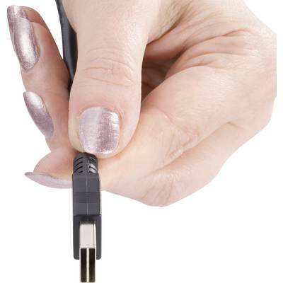 Jedna ruka drží černou USB zástrčku.