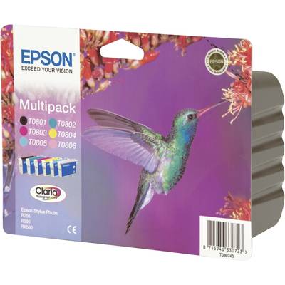 Vícebarevné inkoustové kazety Epson v multipacku, zobrazené s kolibříkem a květinami; vhodné pro tiskárny Epson Stylus Photo.