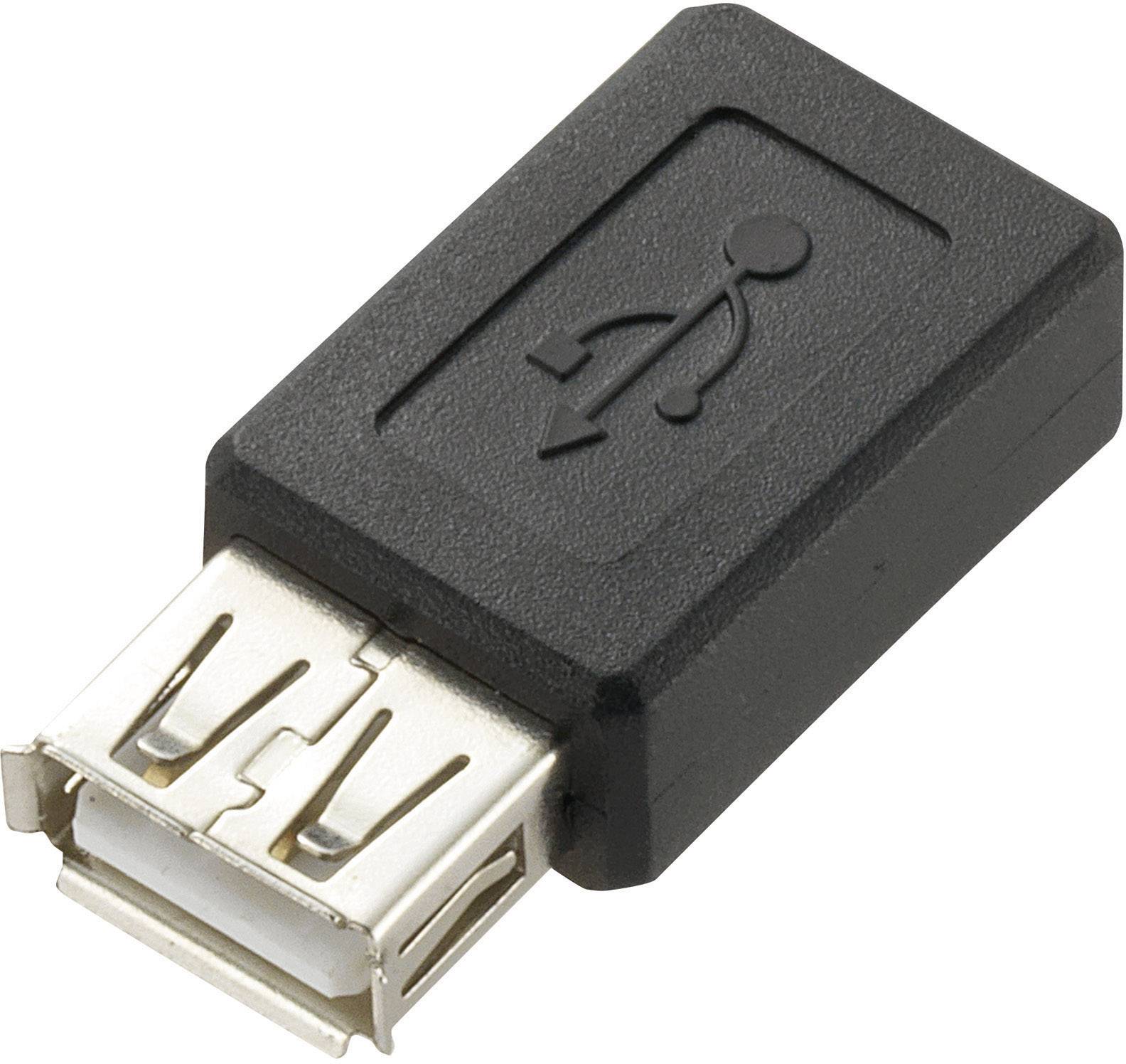 Černý USB adaptér se symbolem USB, samec na samici, umožňuje připojení USB zařízení.