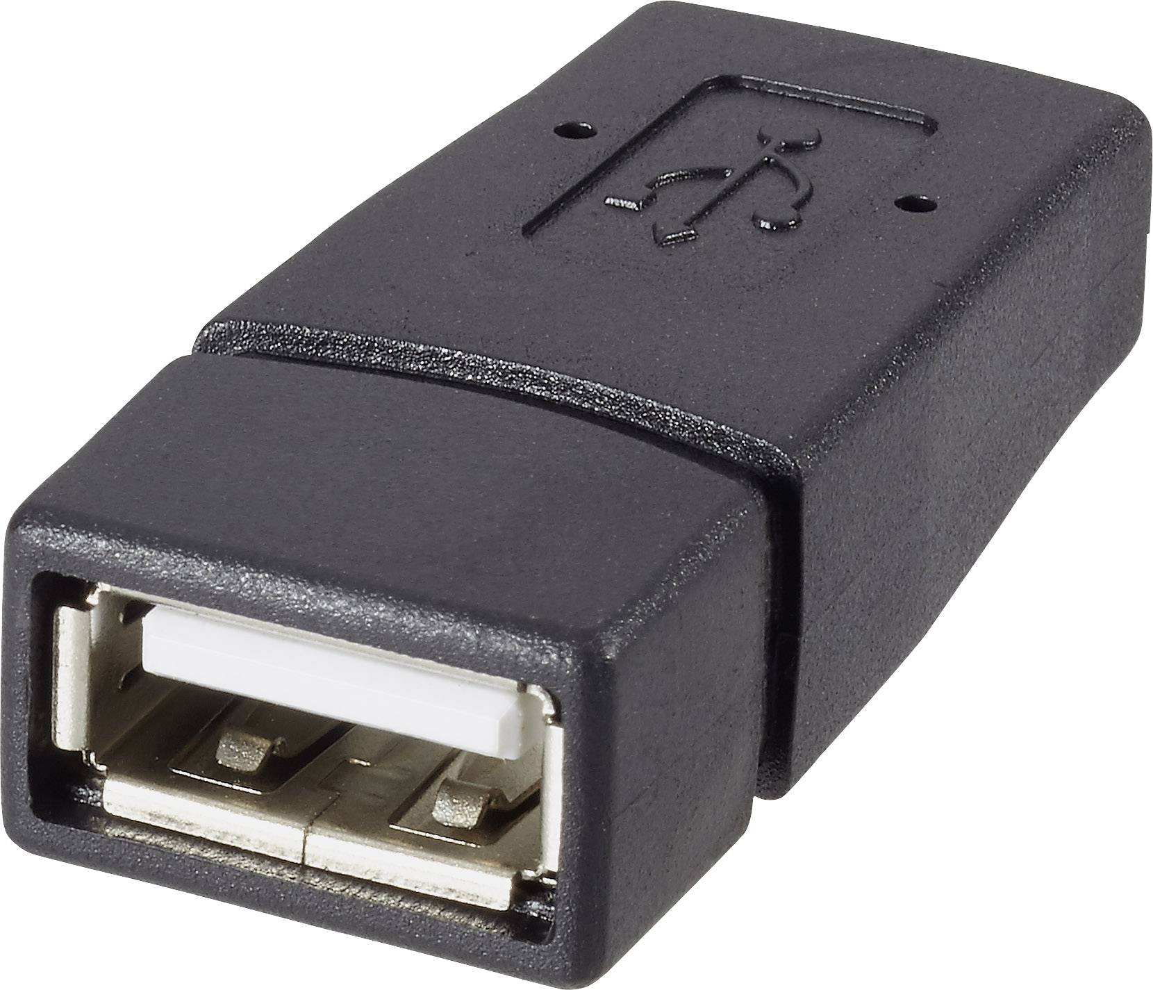 Černý USB adaptér s USB-A konektorem na přední straně, vhodný pro připojení USB kabelů.