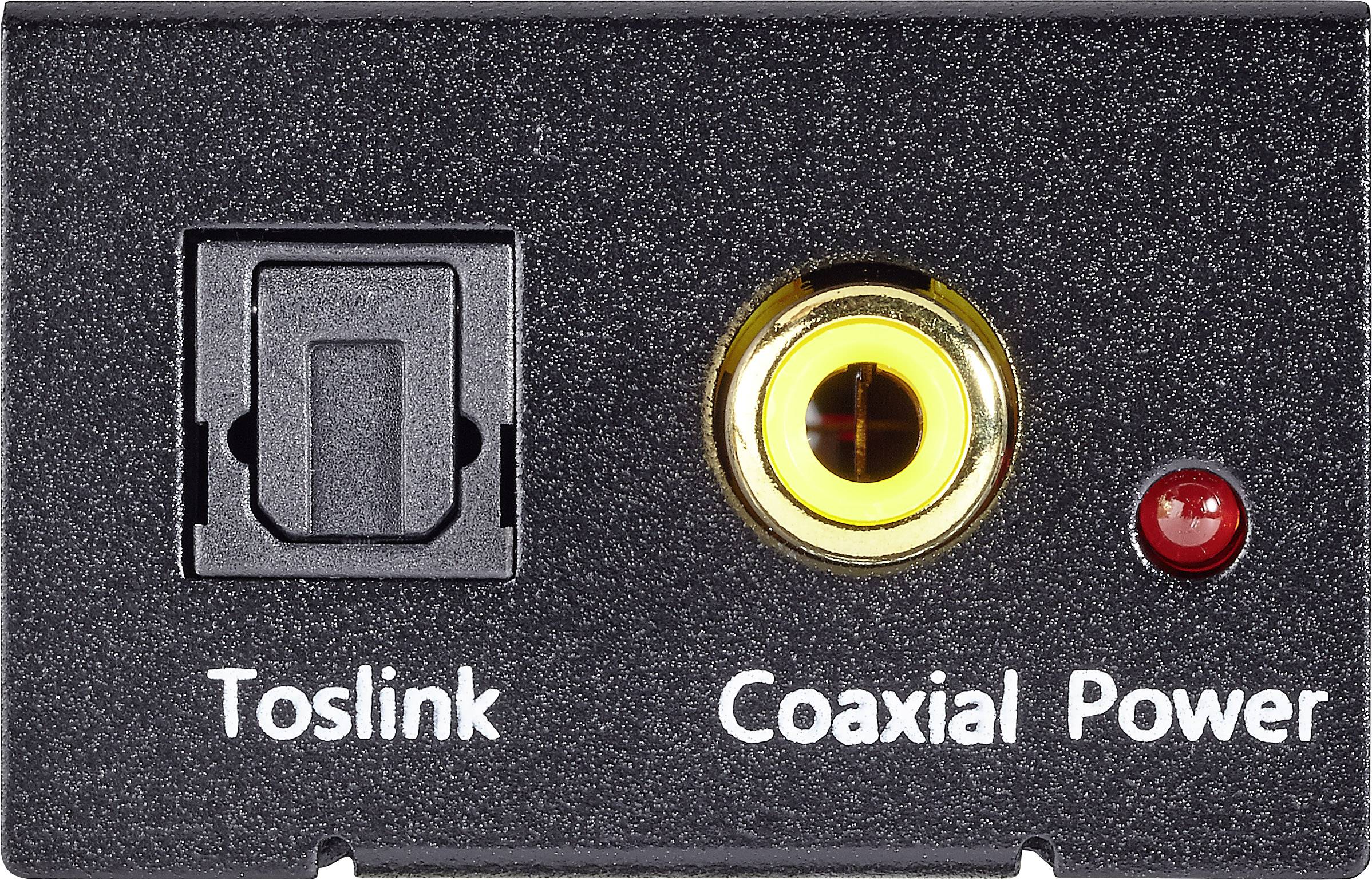 Přípojky 'Toslink', 'Coaxial' a 'Power' na černé desce.