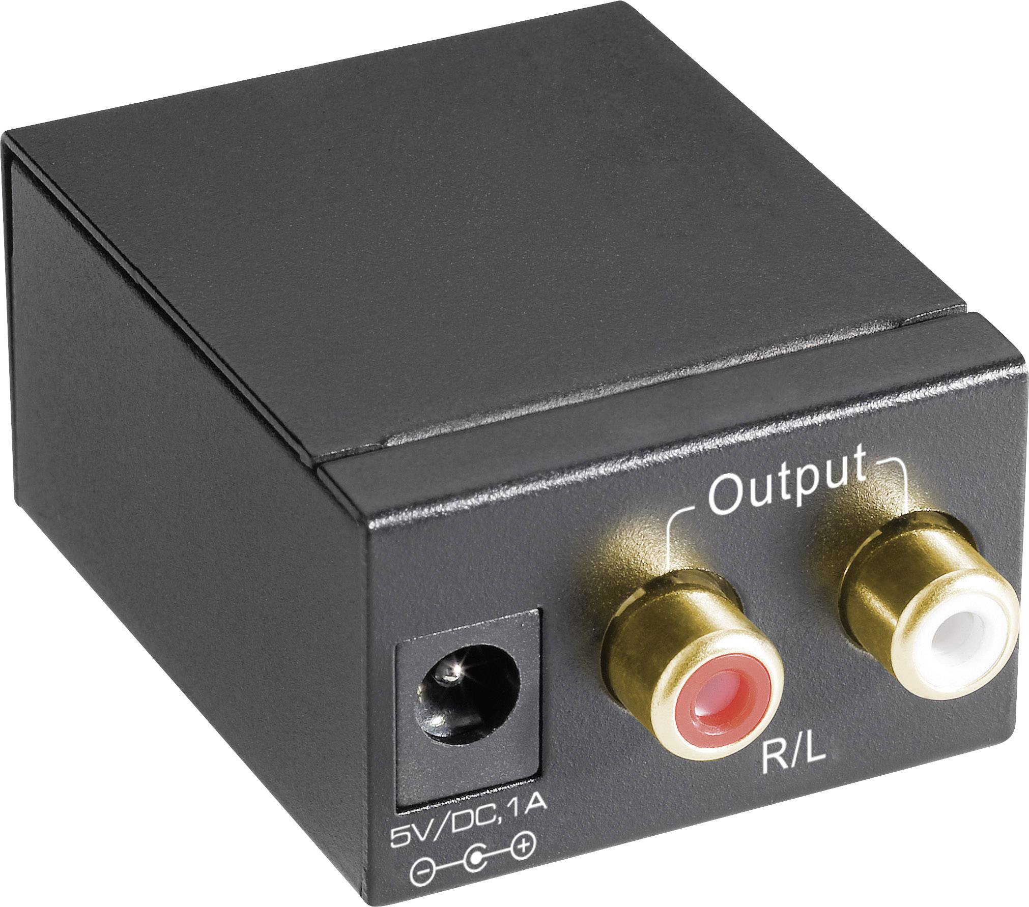 Černý audio adaptér se dvěma zlatými RCA výstupy vpravo (červený a bílý) a vstupem pro stejnosměrný proud vlevo, označený štítky 'Output R/L' a '5V/DC.1A'.