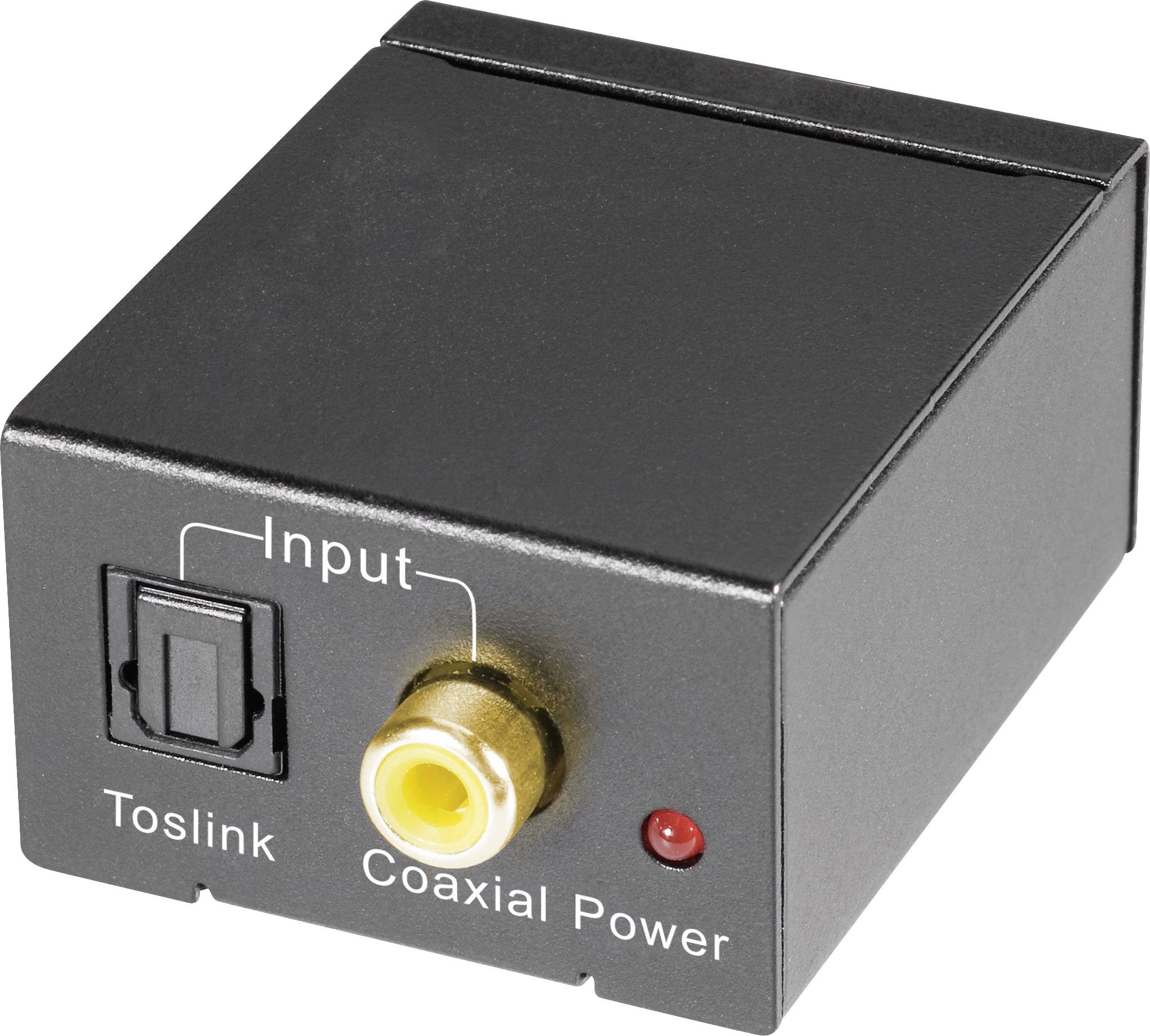 Černý audio konvertor s optickým (Toslink) a koaxiálním vstupem a indikační LED napájení.