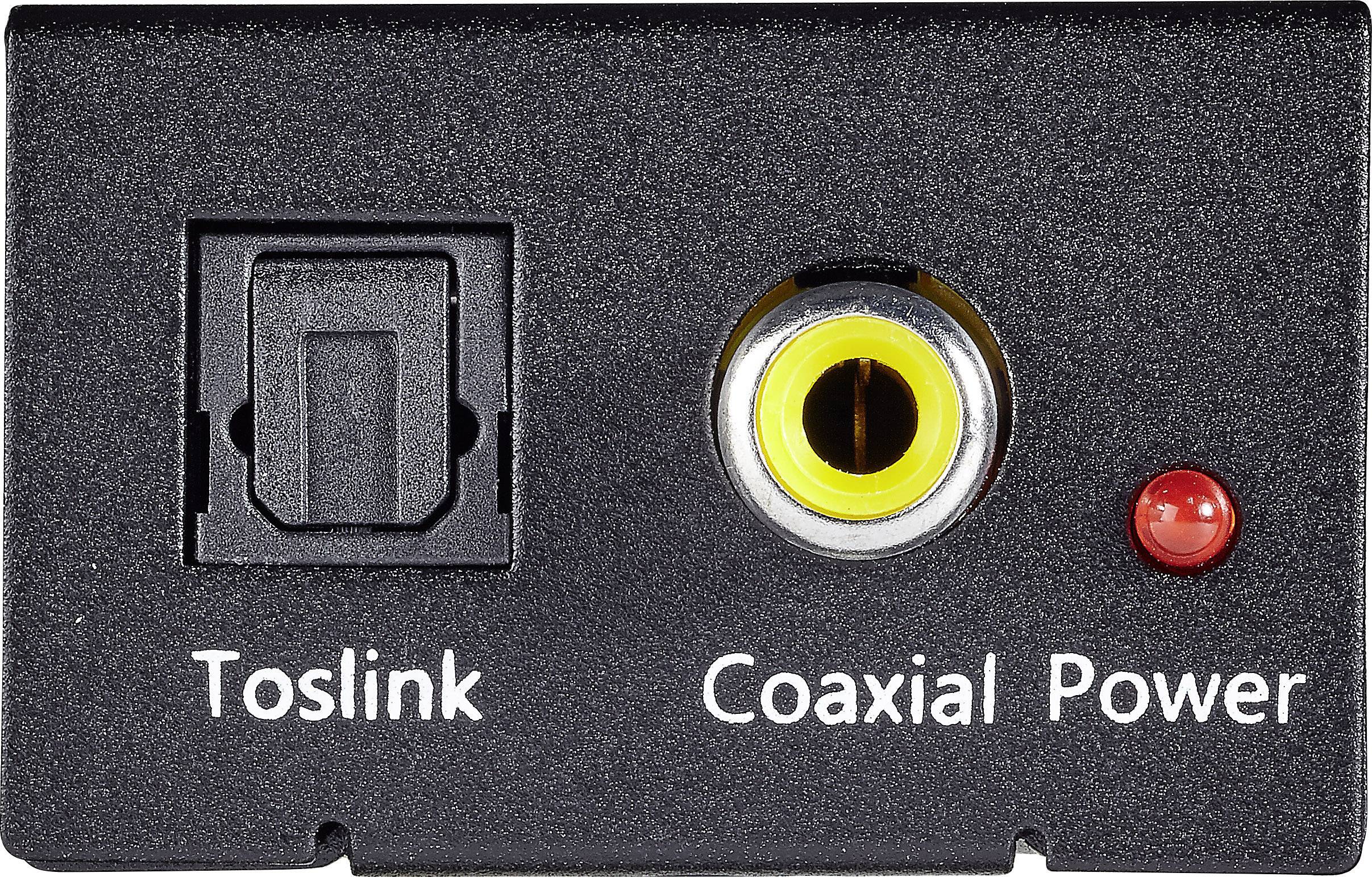 Přípojné pole s optickým Toslink konektorem, koaxiálním konektorem a červenou indikační LED napájení.