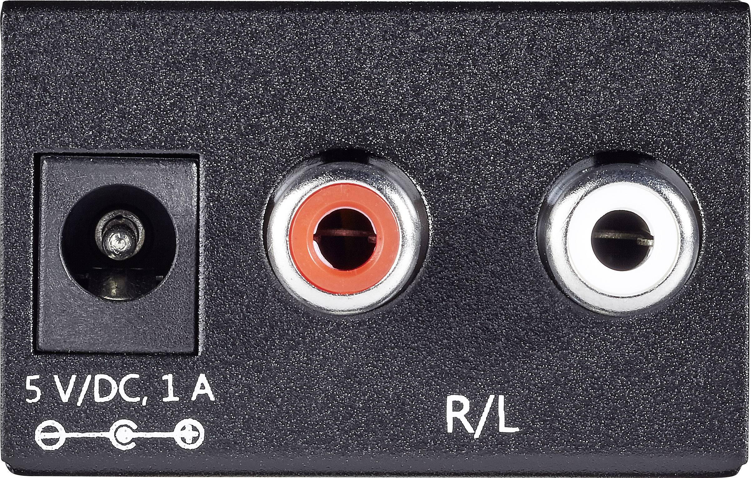 Černý audio adaptér s 5V/DC, 1A zdířkou vlevo a dvěma RCA konektory (červený a bílý) vpravo, označený R/L.
