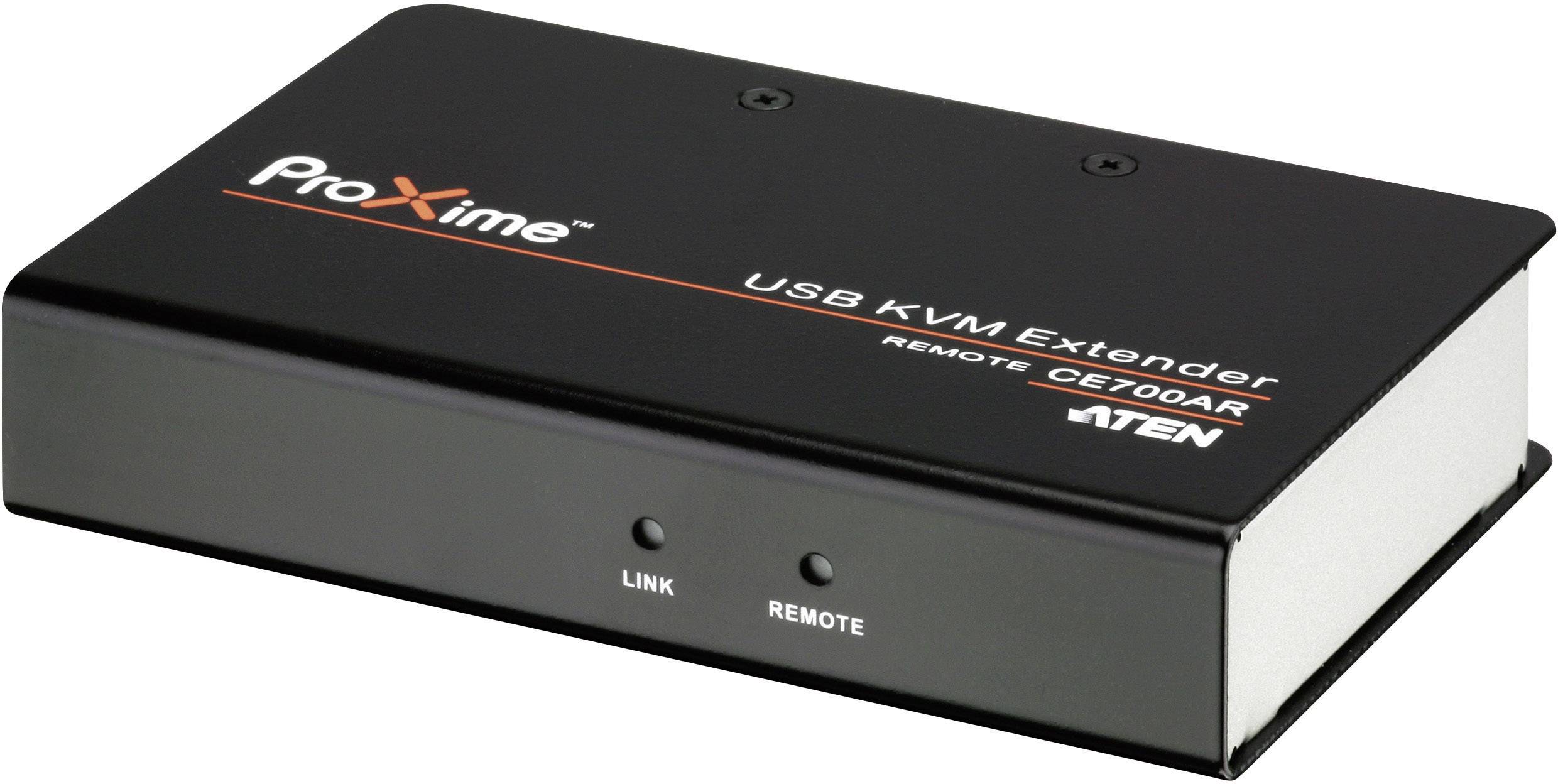 Černý ProXime USB KVM extender pro vzdálené použití, model CE700AR, se dvěma LED diodami pro 'Link' a 'Remote'.