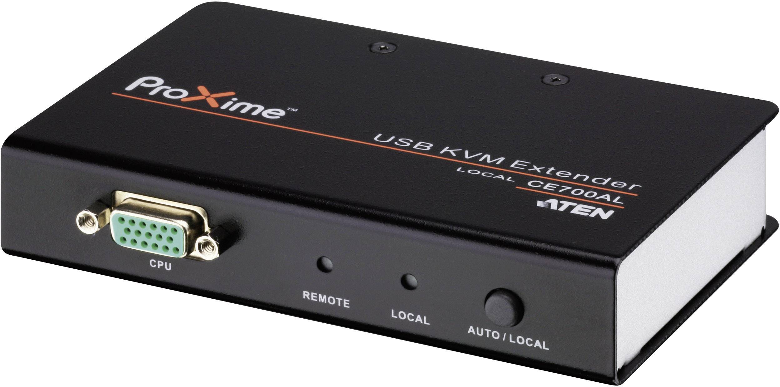 Zařízení 'ProXime USB KVM Extender' s VGA konektorem a štítkem 'LOCAL CE700AL'. Černý kryt, název značky nahoře.