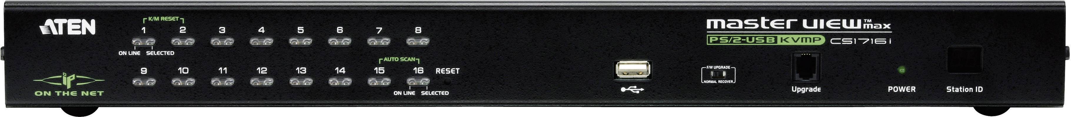 Přepínač KVM Aten Master View CS-1754 se 4 porty a USB připojením. Umožňuje přepínání mezi několika počítači pomocí jedné klávesnice a myši.