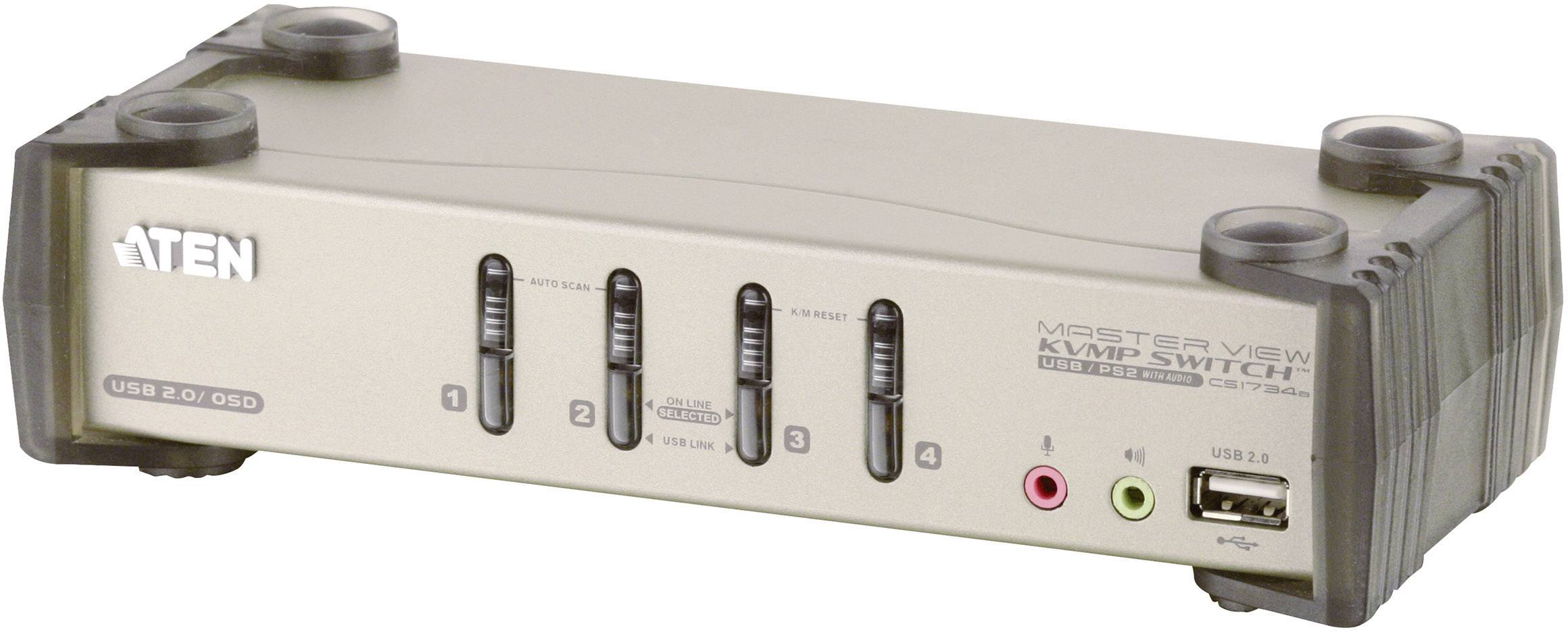 ATEN KVM přepínač: Zařízení se čtyřmi USB porty, audio konektory a přepínači pro správu několika počítačů z jednoho monitoru.