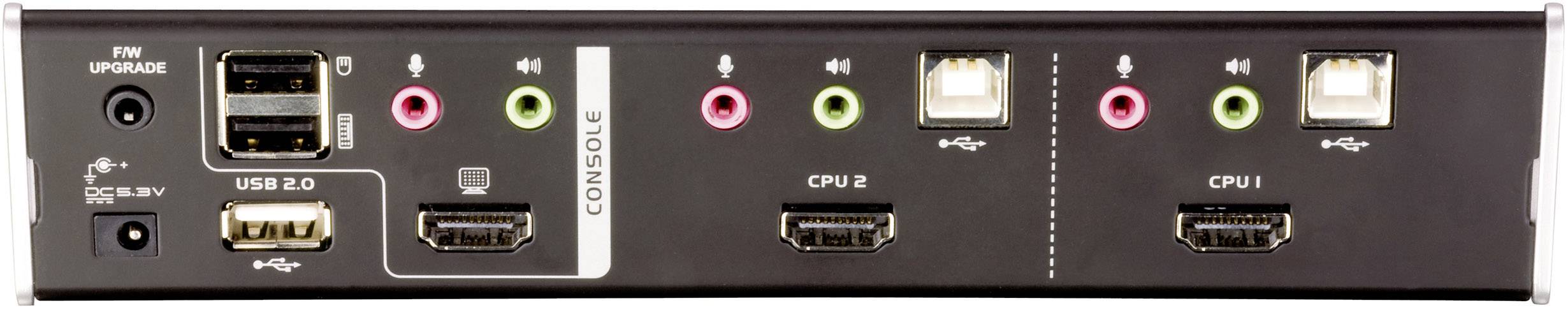 Pohled zezadu na KVM přepínač s několika USB, HDMI a zvukovými porty a štítky pro upgrade firmware a konzoli.