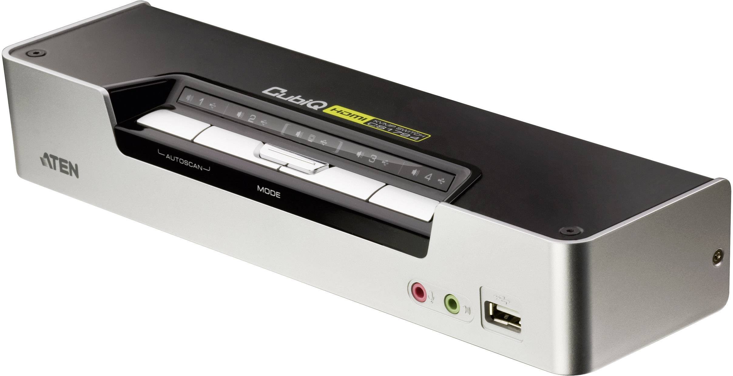 KVM přepínač s několika porty a přepínacími tlačítky. Přední strana zobrazuje audio porty a USB port. Označení 'ATEN'.
