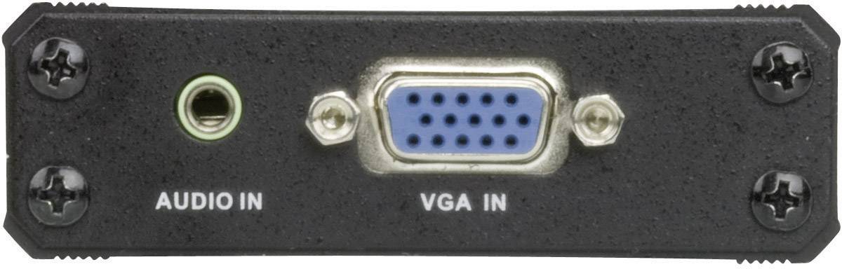 Vstupy 'VGA IN' a 'AUDIO IN' na černém zařízení. VGA konektor je modrý s 15 piny, audiokonektor je zelený.