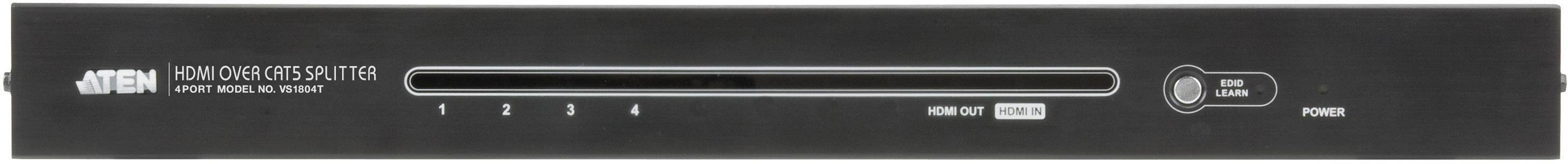 Černé zařízení pro přepínání kanálů s logem ATEN. Obsahuje tlačítka a konektory HDMI a USB na přední straně.