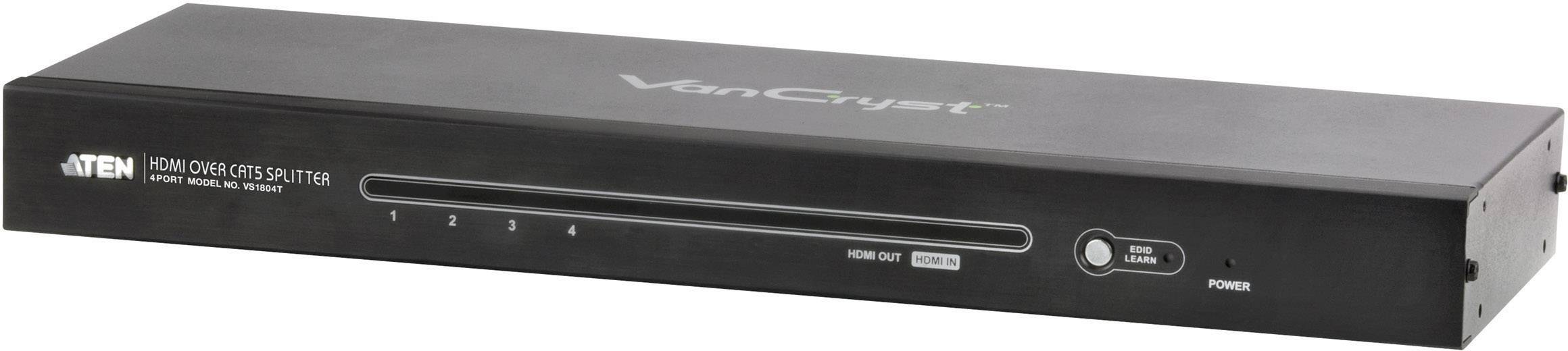 Černý HDMI rozdělovač s několika vstupy a ovládacími tlačítky vpředu. Logo značky na horní straně. Zařízení pro distribuci videa.