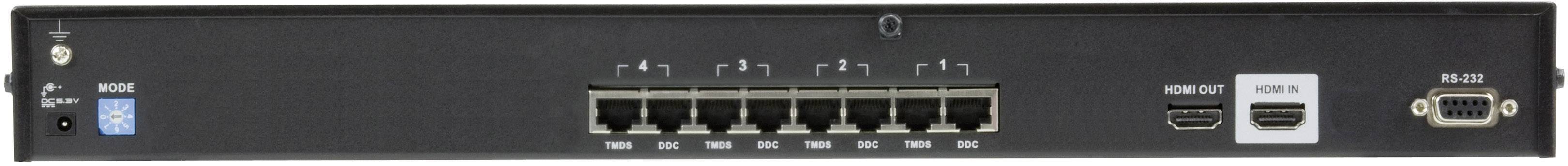Černé síťové zařízení s osmi ethernetovými porty, dvěma HDMI vstupy, sériovým portem a napájecím konektorem na zadní straně.