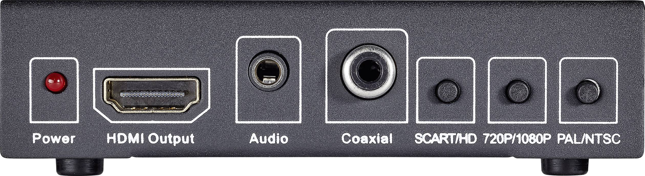 Zadní strana elektronického zařízení s konektory pro HDMI, audio, koaxiální kabel, SCART/HD a přepínači pro rozlišení a formát signálu.