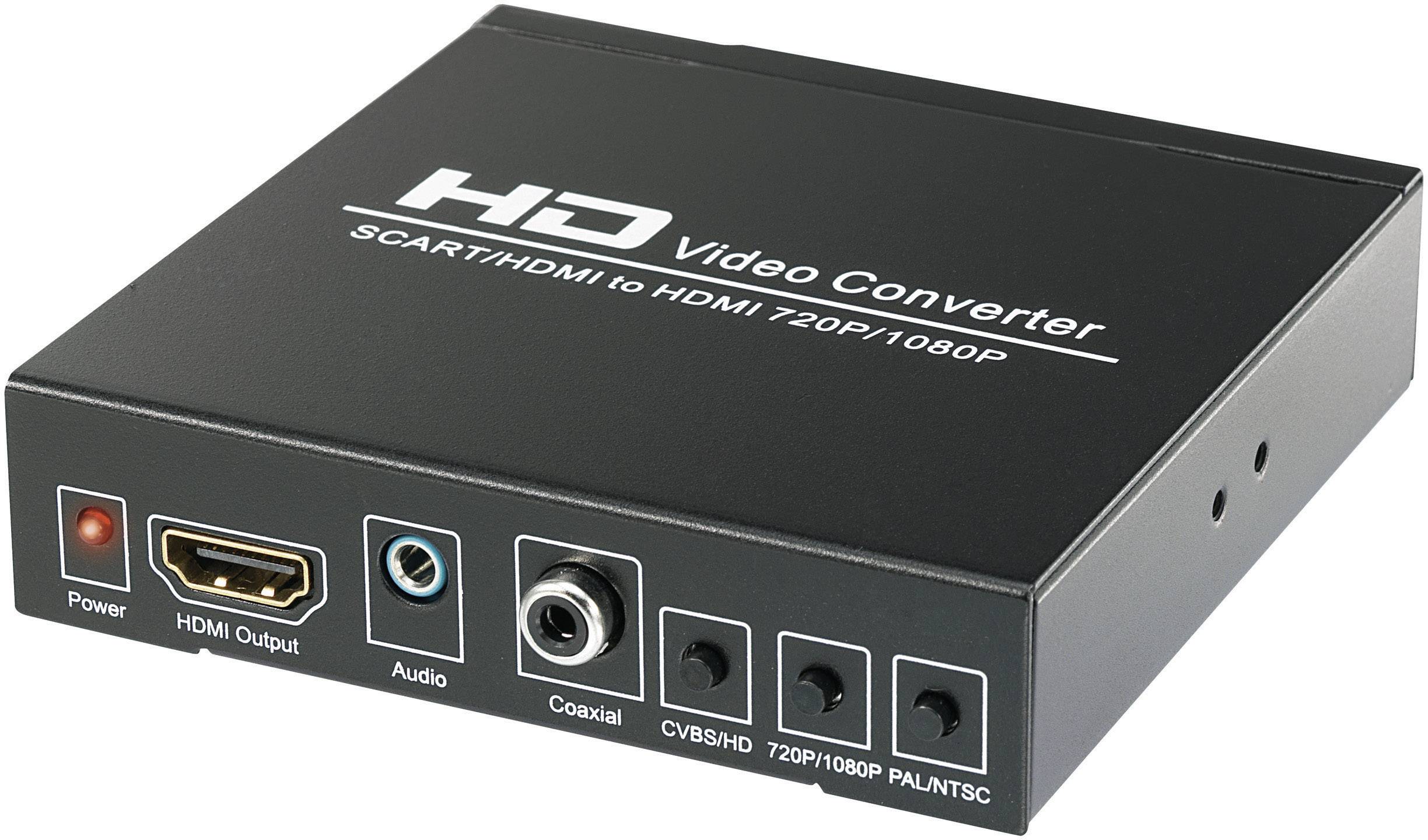 Černý HD videokonvertor s HDMI výstupem, audio konektorem a různými výstupy, včetně koaxiálního a CVBS/HD.