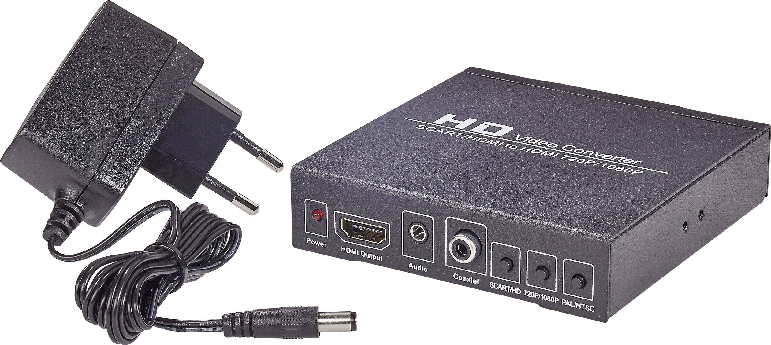 Převodník HD videa a napájecí adaptér. Zařízení s přípojkami pro HDMI, audio a Scart. Přeměňuje videosignály pro různé výstupy.