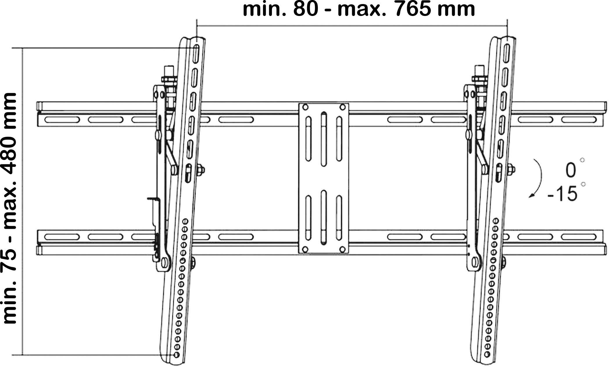 Technický výkres nástěnného držáku na obrazovky. Nastavitelná šířka: 80-765 mm, výška: 75-480 mm, náklon: 0° až -15°.