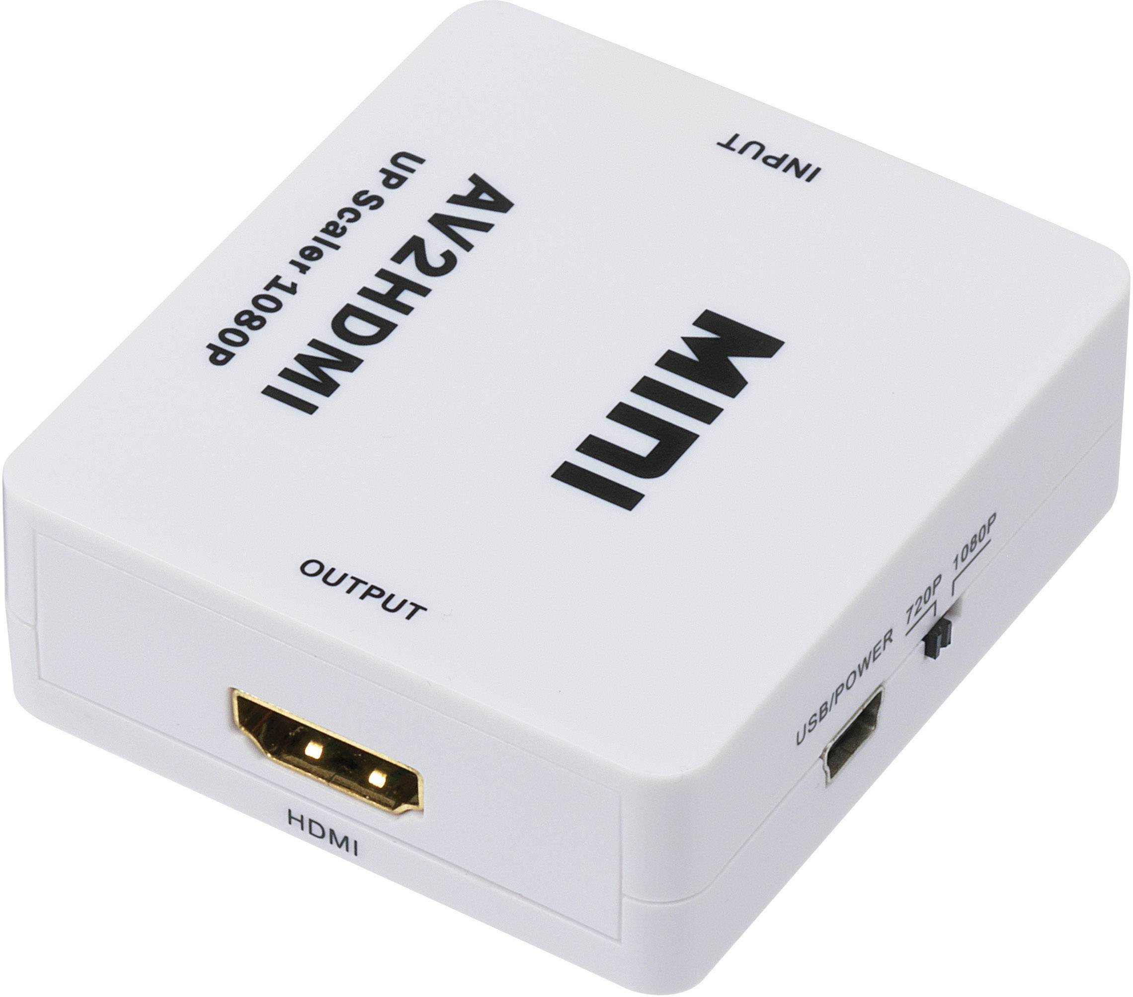 Bílý Mini AV2HDMI konvertor s HDMI výstupem a USB napájecím portem, používaný pro převod AV signálů do formátu HDMI.